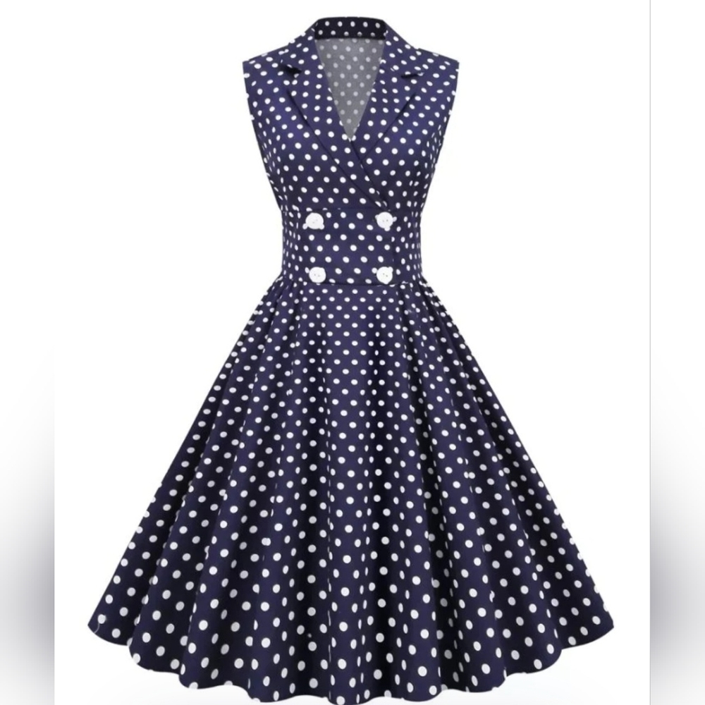 Navy blue with white polka dots pin-up retro dress Size M